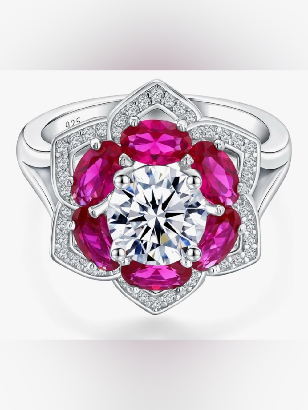 Unique 925 Sterling Silver Ruby Topaz Flower Cocktail Ring size 9
